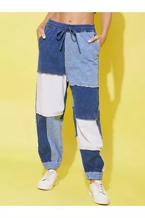 StyleStone Women Blue & White Patch Work Relaxed Joggers Trousers