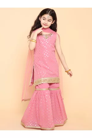 ADIVA Girls Pink Printed Regular Kurta with Sharara & With Dupatta