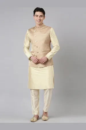 TheEthnic.Co Mandarin Collar Regular Kurta with Pyjamas with Woven Design Nehru Jacket