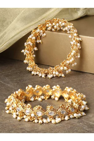 Priyaasi Set of 2 Off-White Gold-Plated Kundan-Studded & Beaded Handcrafted Bangles