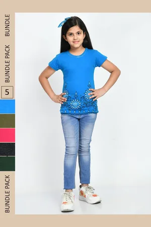 IndiWeaves Girls Pack Of 5 Printed Pure Cotton T-shirt