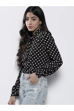 Boohoo Monochrome Polka Dot Print Tie-Up Neck Puff Sleeve Top