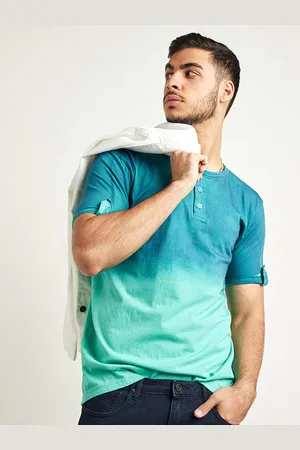 Campus Green & Blue Tie & Dye Henley Neck Cotton T-shirt