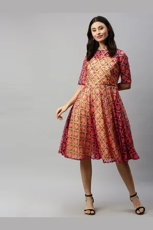 Ethnovog Women Multicoloured Made to Measure Printed Lace Fit and Flare Dress