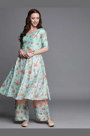 Ethnovog Women Blue Peach-Coloured Printed Made To Measure Kurta with Palazzos