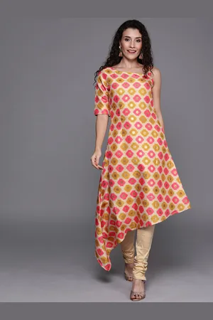 Ethnovog Women Beige Pink Printed Made To Measure Kurta with Churidar