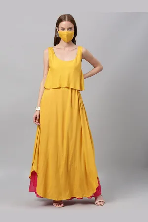 Ethnovog Women Yellow Solid Layered Maxi Made To Measure Dress