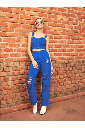 Sassafras Blue Shoulder Straps Pure Cotton Denim Cropped Bustier Top