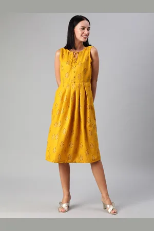 Ethnovog Women Mustard Yellow Made To Measure Printed Fit and Flare Dress