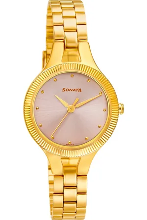 Sonata Women Pink Brass Embellished Dial & Gold Toned Analogue Watch 8177YM02-Pink