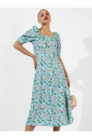 Campus Floral Print Puff Sleeve A-Line Midi Dress