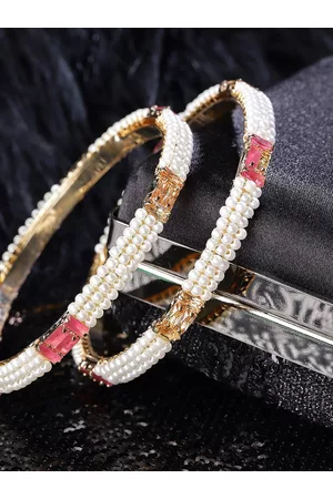 Priyaasi Set Of 2 Gold-Plated Pink & White Pearl-Studded Bangles