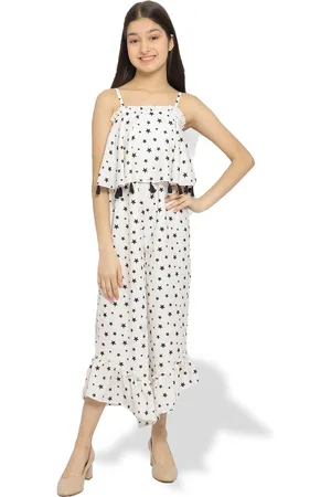 Natilene Girls Printed Shoulder Strap Basic Jumpsuit With Tassel Details