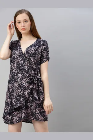 Sera Women Black & Pink Printed Wrap Dress With Waist Tie-ups