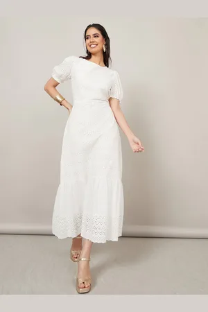 Styli Self Design Puff Sleeves Schiffli Tiered Midi Dress