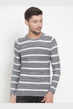 KLOTTHE Men Grey & White Striped Pullover Sweater