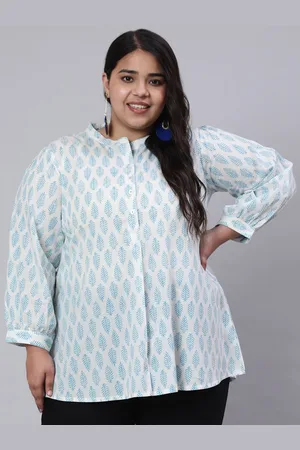Jaipur Turquoise Blue Plus Size Ethnic Motifs Printed Cotton Shirt Style Top