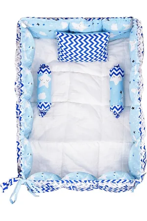 Lorem Infant Kids Set Of 4 Blue & White Printed Reversible Pure Cotton Baby Bedding Set