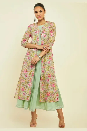 Soch Floral Printed Pure Cotton Fit & Flare Midi Ethnic Dress With Jacket