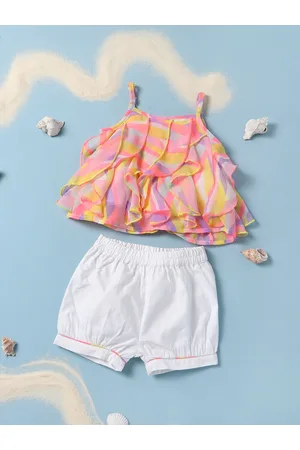 Nauti Nati Girls Pink & White Printed Top & Solid Shorts