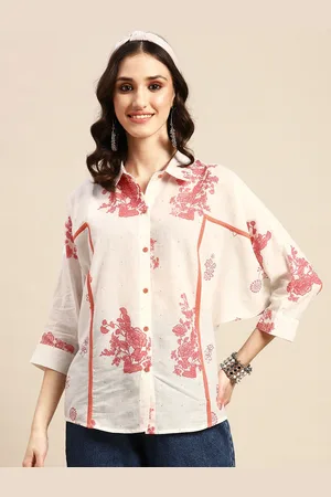 Sangria Floral Printed Pure Cotton Batwing Sleeves Shirt Style Top