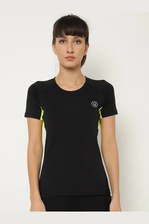 CHKOKKO Women Black & Fluorescent Green Antimicrobial Active Wear Sports T-shirt
