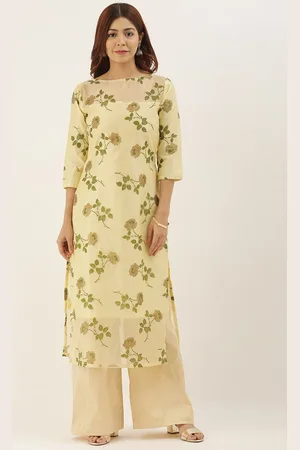 Ethnovog Women Yellow Green Floral Foil Printed Made To Measure Straight Kurta