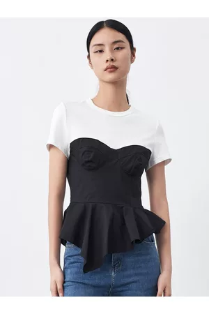 Urban Revivo Cotton Peplum Combination Ruffled Crop Top