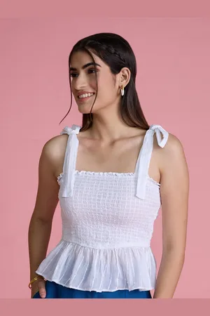 20Dresses White Self Design Shoulder Strapped Cotton Peplum Top
