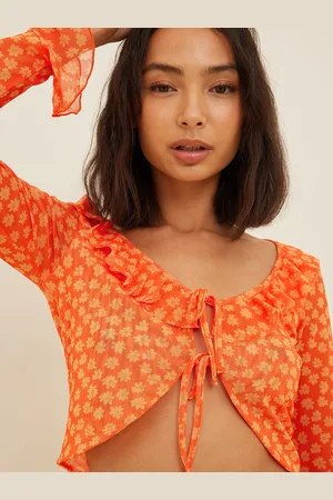 NA-KD Women Orange Floral Print Tie-Up Neck Top