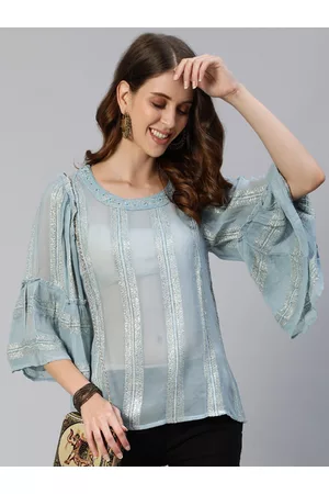 Ishin Striped Embroidered Bell Sleeves Sheer Regular Top