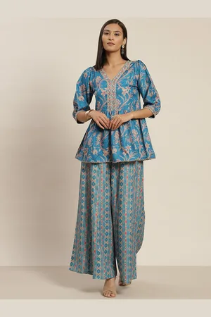 Jaipur Ethnic Motif Printed V-Neck Puff Sleeves Peplum Top With Palazzo Co-Ords