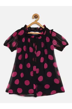 MANY FROCKS & Girls Black And Pink Printed A-Line Dress