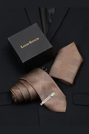 LOUIS STITCH Men Maple Brown Italian Silk Necktie Accessory Gift Set