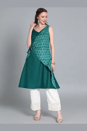 Ethnovog Women Green Printed Made To Measure A-Line Layered Kurta