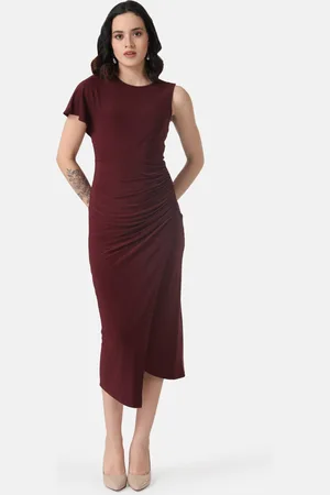 Kazo Round Neck Pleated Asymmetric Sheath Midi Dress