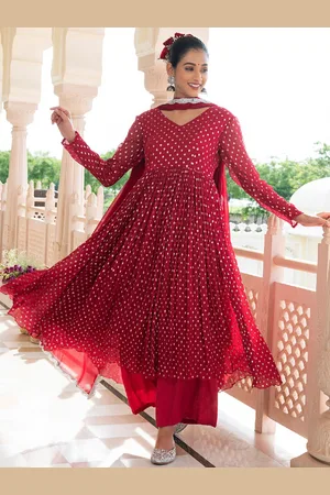 Everbloom Geometric Self Design Pleated Anarkali Kurta with Trousers & Dupatta