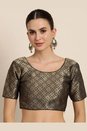 Mimosa Women Grey & Golden Woven Design Readymade Saree Blouse