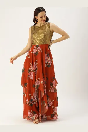 Ethnovog Brown Red Made To Measure Floral Georgette Maxi Dress