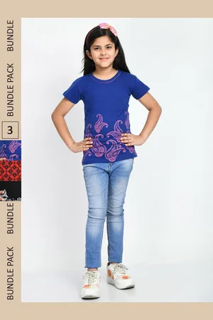 IndiWeaves Girls Pack Of 3 Floral Printed Cotton T-shirt