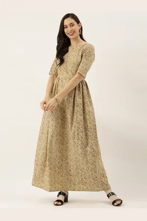Ethnovog Women Beige Printed Fit and Flare Dress