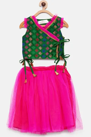 MANY FROCKS & Girls Green & Pink Self Design Top with Skirt