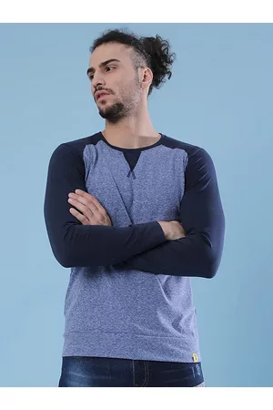 Campus Blue Colourblocked Round Neck Long Sleeves Casual Cotton T-shirt