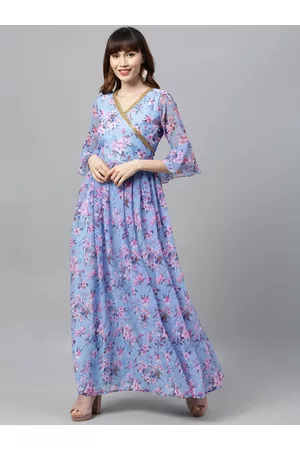 Ethnovog Women Blue Pink Printed Made To Measure Maxi Dress with Embellishment