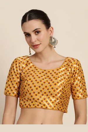 Mimosa Women Mustard Yellow & Golden Woven Design Readymade Saree Blouse