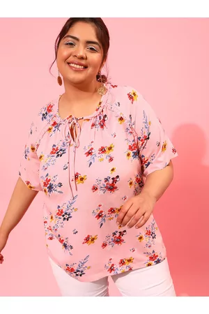 CURVY STREET Plus Size Floral Print Tie-Up Neck Top