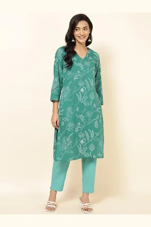 Fabindia V-Neck Floral Printed Pure Cotton Kurta