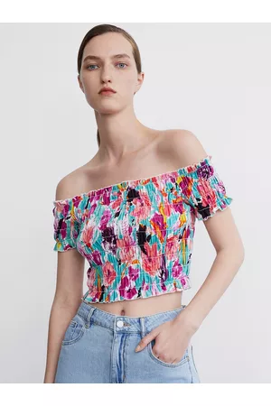 Urban Revivo Floral Print Off-Shoulder Smocked Cotton Bardot Crop Top