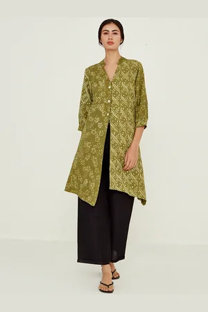 Ancestry Ethnic Motifs Printed Mandarin Collar Asymmetrical Organic Cotton Kurta