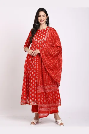 Rajnandini Women Red Ethnic Motifs Printed Pure Cotton Kurta with Trousers & With Dupatta